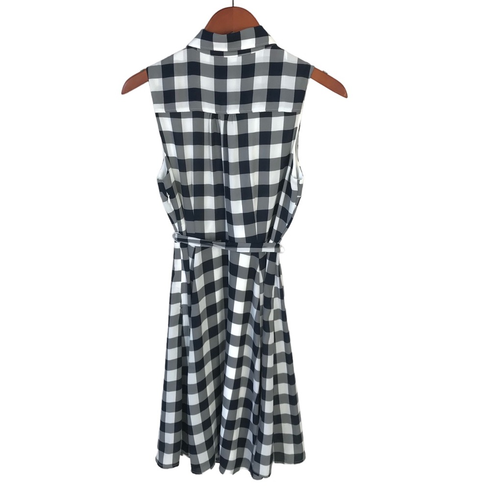 Gingham Plaid Polyester Banana Republic Navy Blue Sleeveless Belt Collared Dress - Picture 5 of 8